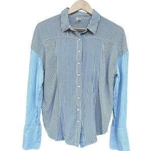 Free People Striped Button Down Shirt Blue + Gray S